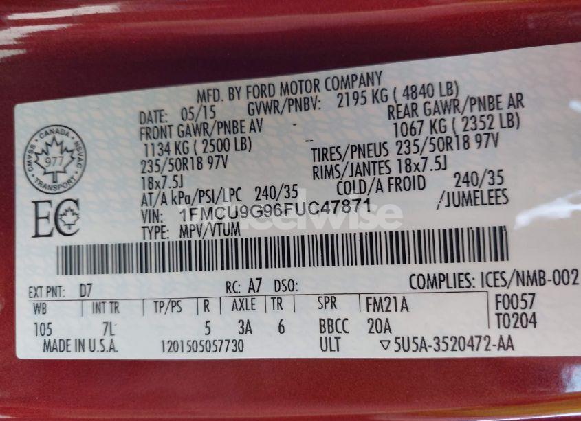 Photo 9 of 2015 Ford Escape SE (VIN 1FMCU9G96FUC47871)