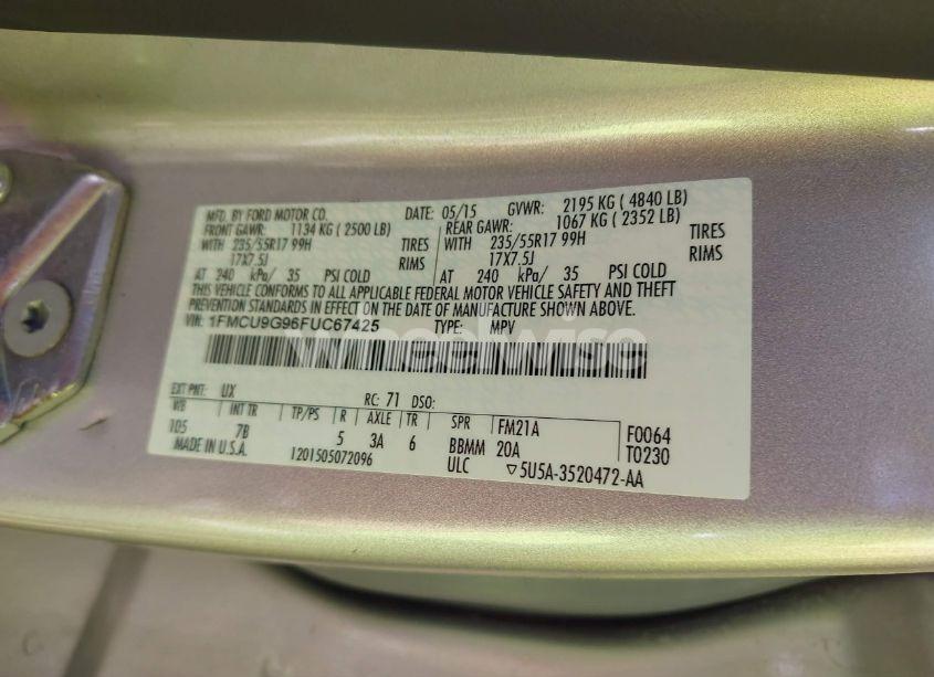 Photo 9 of 2015 Ford Escape SE (VIN 1FMCU9G96FUC67425)