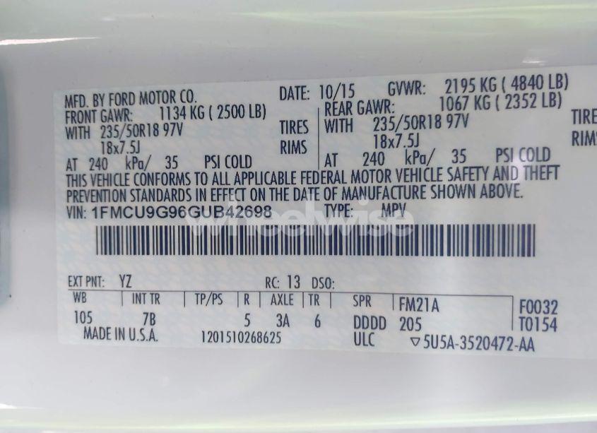 Photo 9 of 2016 Ford Escape SE (VIN 1FMCU9G96GUB42698)