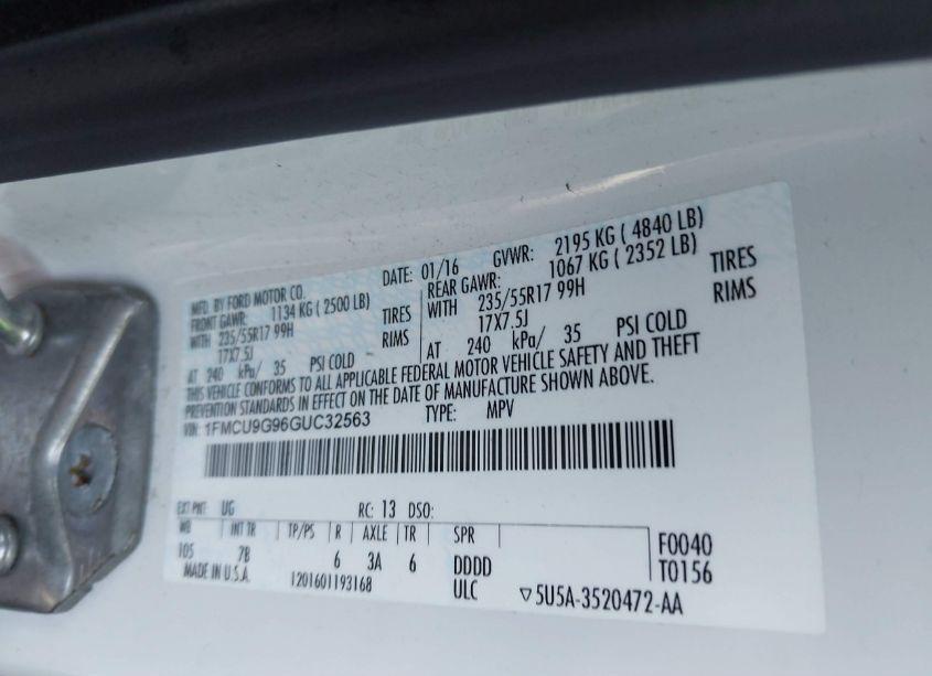 Photo 9 of 2016 Ford Escape SE (VIN 1FMCU9G96GUC32563)