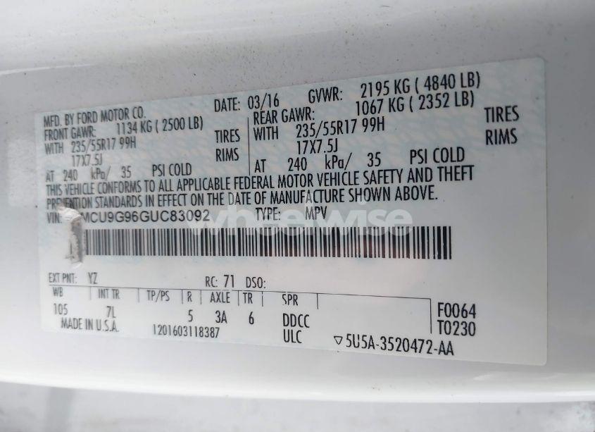 Photo 9 of 2016 Ford Escape SE (VIN 1FMCU9G96GUC83092)