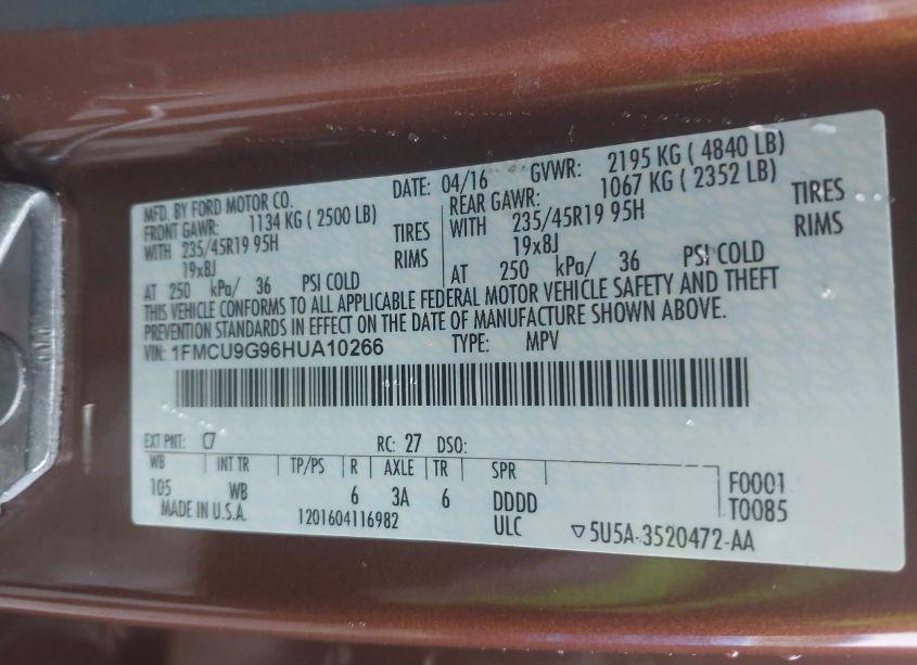 Photo 9 of 2017 Ford Escape SE (VIN 1FMCU9G96HUA10266)