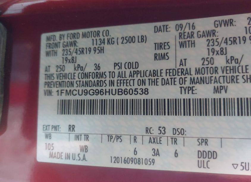 Photo 9 of 2017 Ford Escape SE (VIN 1FMCU9G96HUB60538)