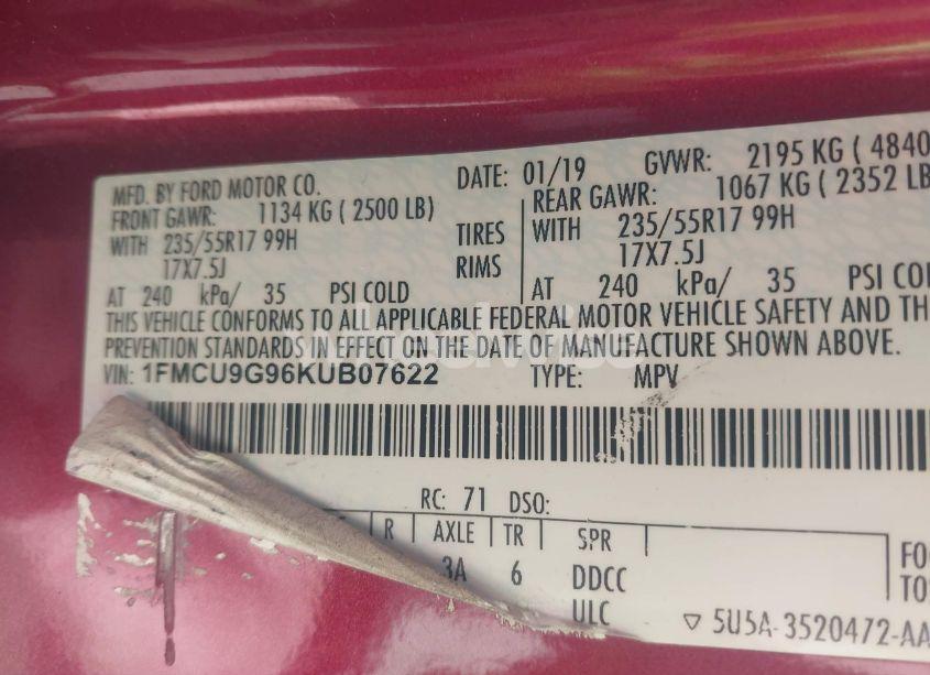 Photo 9 of 2019 Ford Escape SE (VIN 1FMCU9G96KUB07622)