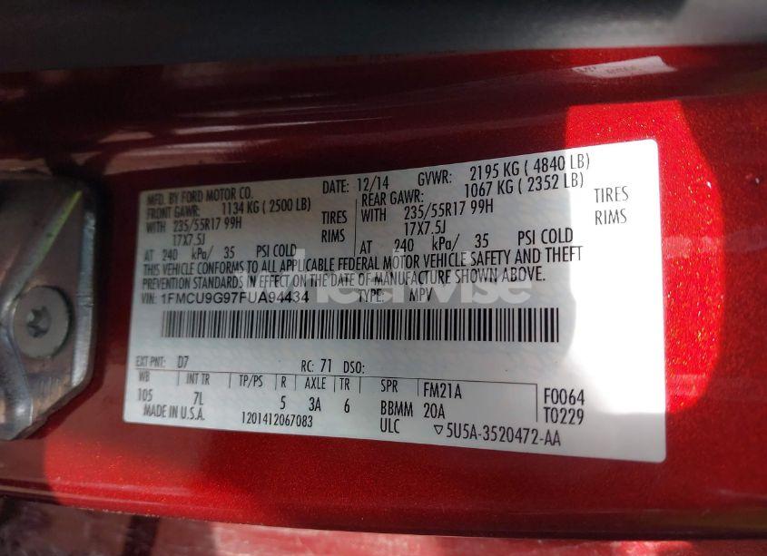 Photo 9 of 2015 Ford Escape SE (VIN 1FMCU9G97FUA94434)