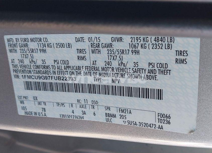 Photo 9 of 2015 Ford Escape SE (VIN 1FMCU9G97FUB22393)