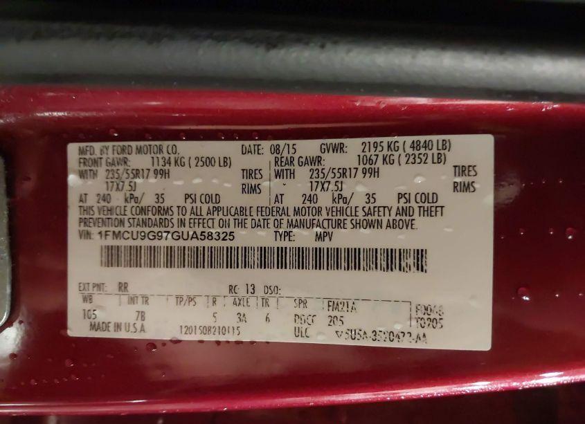 Photo 9 of 2016 Ford Escape SE (VIN 1FMCU9G97GUA58325)