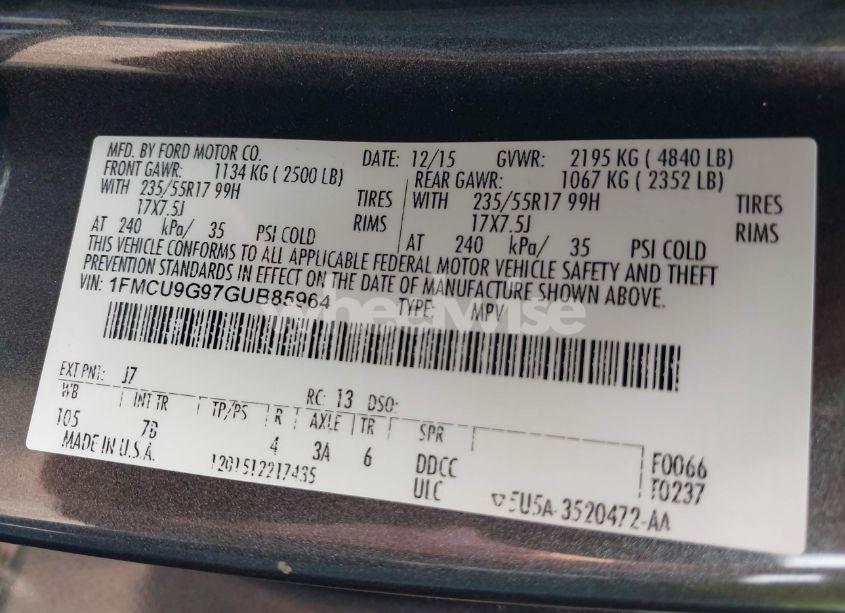 Photo 9 of 2016 Ford Escape SE (VIN 1FMCU9G97GUB85964)