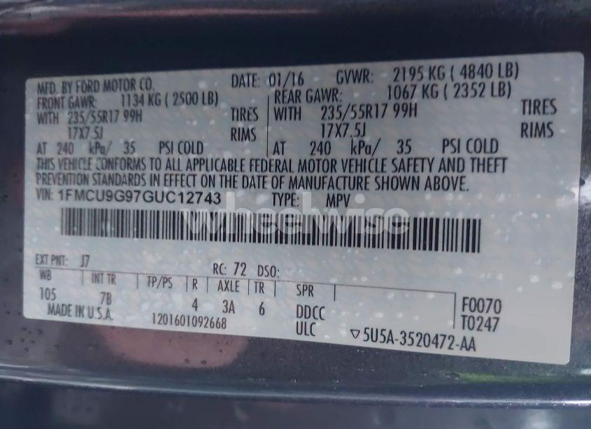 Photo 9 of 2016 Ford Escape SE (VIN 1FMCU9G97GUC12743)