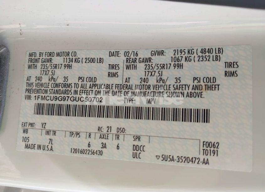 Photo 9 of 2016 Ford Escape SE (VIN 1FMCU9G97GUC50702)