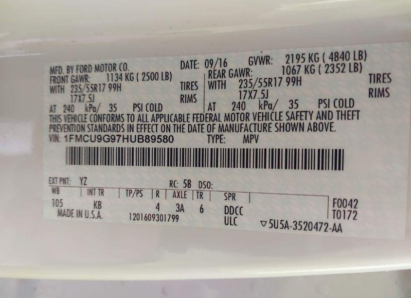 Photo 9 of 2017 Ford Escape SE (VIN 1FMCU9G97HUB89580)