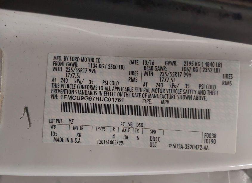 Photo 9 of 2017 Ford Escape SE (VIN 1FMCU9G97HUC01761)