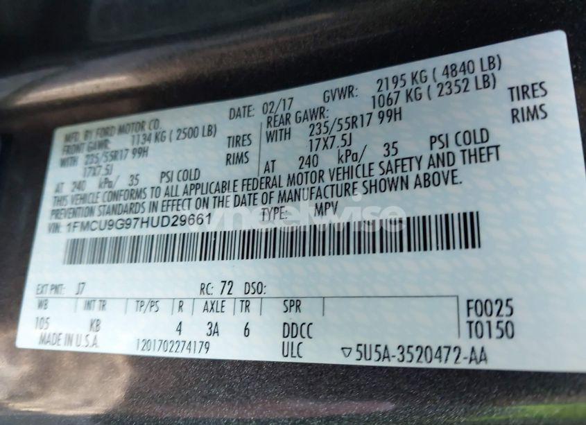 Photo 9 of 2017 Ford Escape SE (VIN 1FMCU9G97HUD29661)