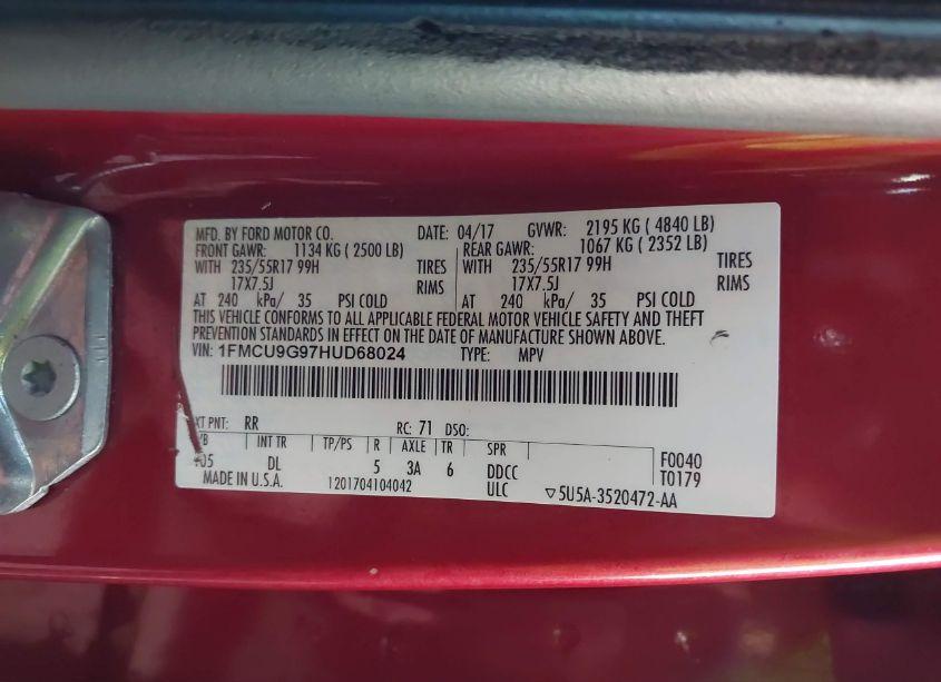 Photo 9 of 2017 Ford Escape SE (VIN 1FMCU9G97HUD68024)