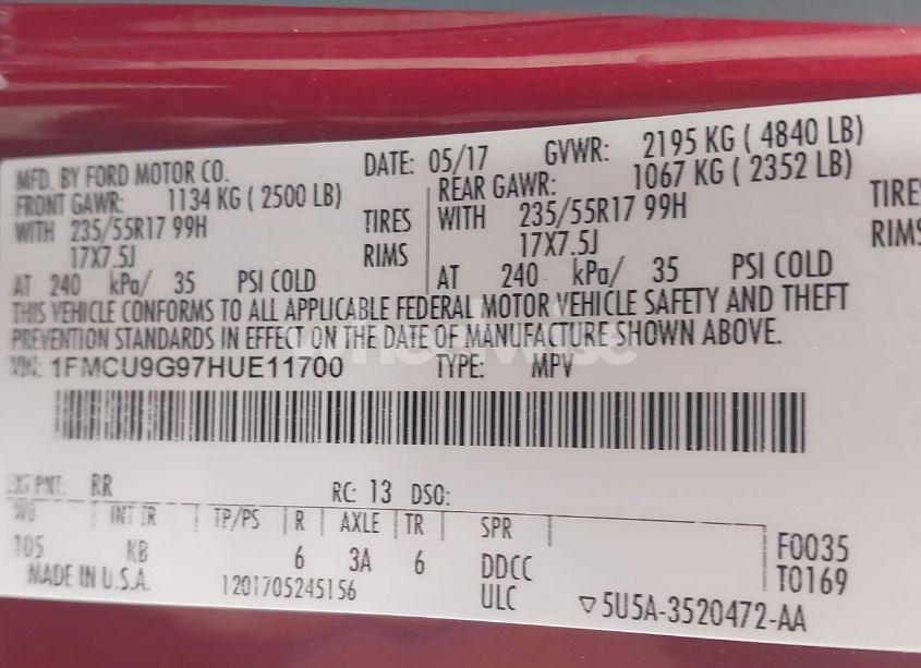 Photo 9 of 2017 Ford Escape SE (VIN 1FMCU9G97HUE11700)