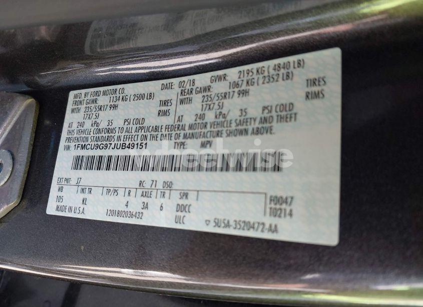 Photo 9 of 2018 Ford Escape SE (VIN 1FMCU9G97JUB49151)