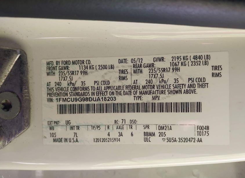 Photo 9 of 2013 Ford Escape SE (VIN 1FMCU9G98DUA18203)