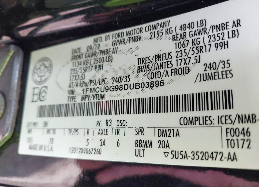 Photo 9 of 2013 Ford Escape SE (VIN 1FMCU9G98DUB03896)