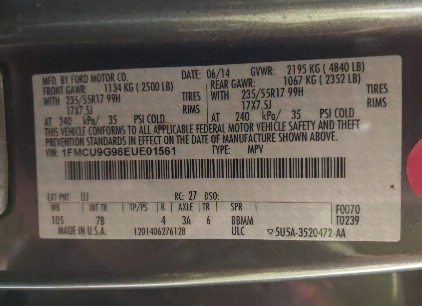 Photo 9 of 2014 Ford Escape SE (VIN 1FMCU9G98EUE01561)