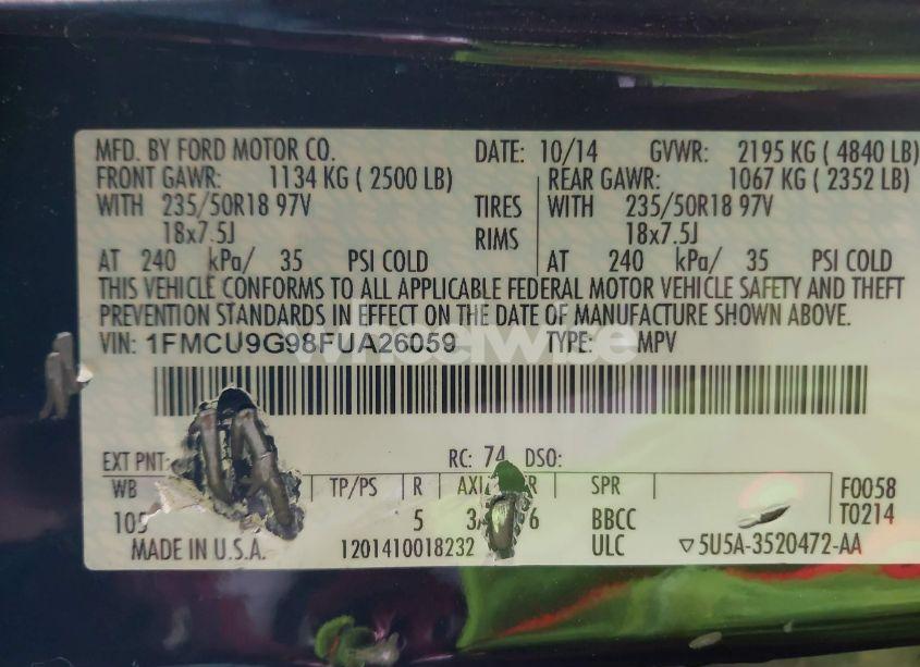 Photo 9 of 2015 Ford Escape SE (VIN 1FMCU9G98FUA26059)