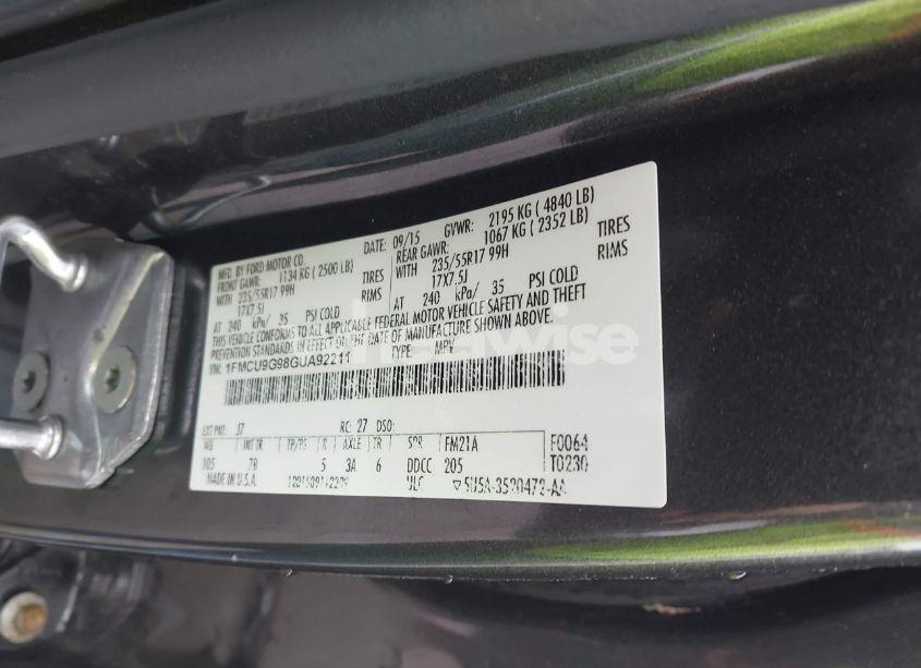 Photo 9 of 2016 Ford Escape SE (VIN 1FMCU9G98GUA92211)