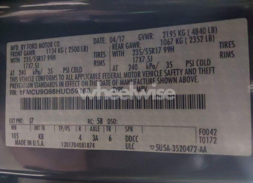 Photo 9 of 2017 Ford Escape SE (VIN 1FMCU9G98HUD59168)