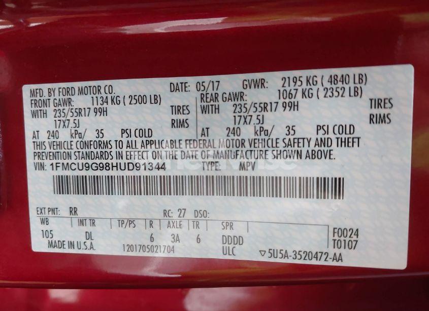 Photo 9 of 2017 Ford Escape SE (VIN 1FMCU9G98HUD91344)