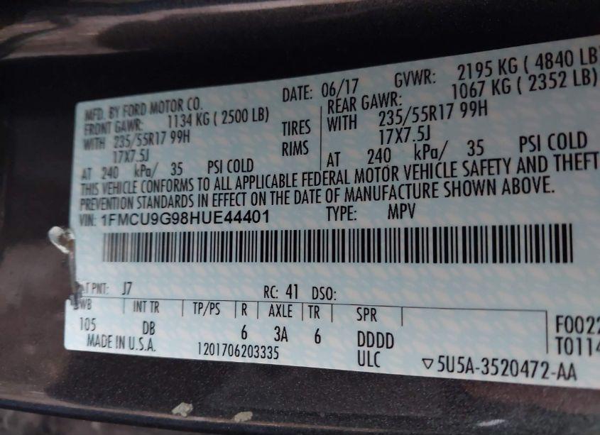 Photo 9 of 2017 Ford Escape SE (VIN 1FMCU9G98HUE44401)