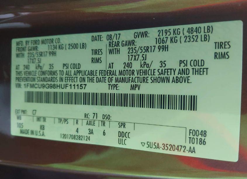 Photo 9 of 2017 Ford Escape SE (VIN 1FMCU9G98HUF11157)