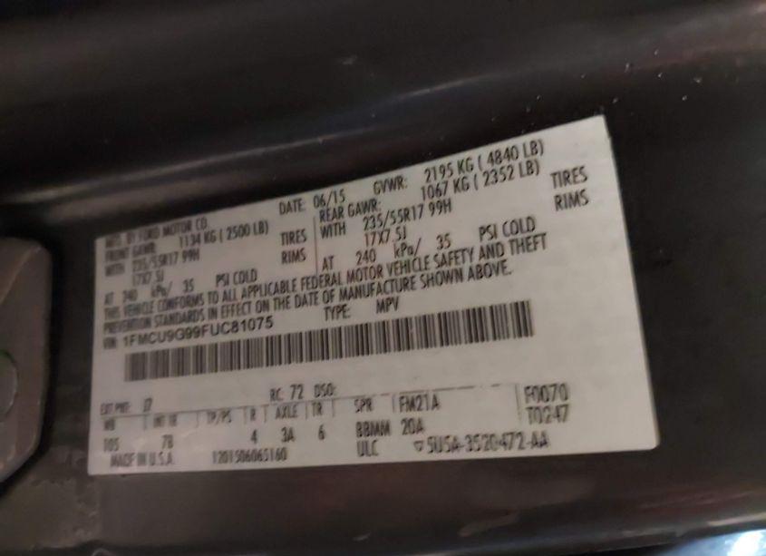 Photo 9 of 2015 Ford Escape SE (VIN 1FMCU9G99FUC81075)