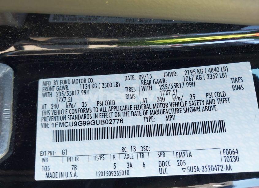 Photo 9 of 2016 Ford Escape SE (VIN 1FMCU9G99GUB02776)