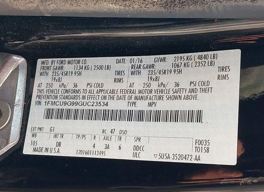 Photo 9 of 2016 Ford Escape SE (VIN 1FMCU9G99GUC23534)