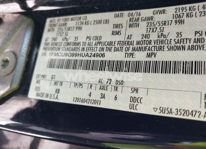 Photo 9 of 2017 Ford Escape SE (VIN 1FMCU9G99HUA24906)