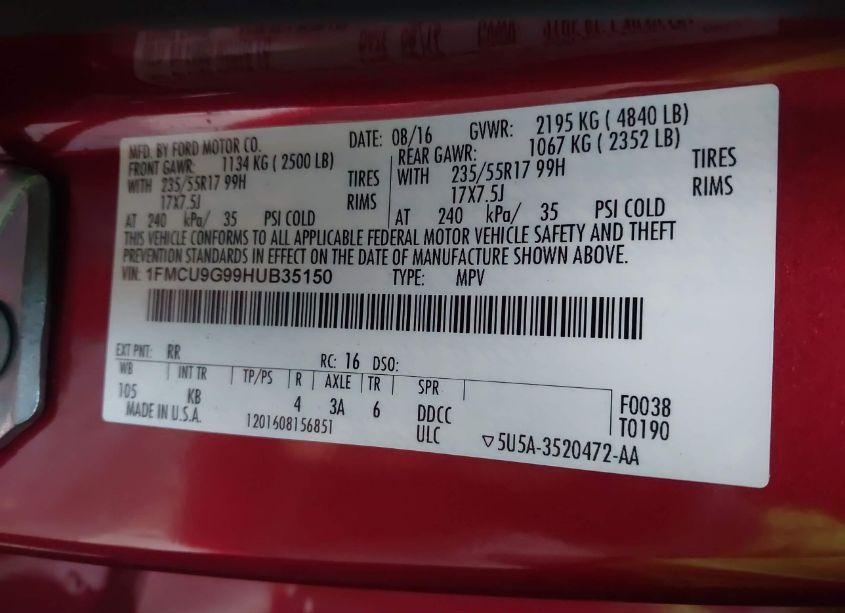 Photo 9 of 2017 Ford Escape SE (VIN 1FMCU9G99HUB35150)