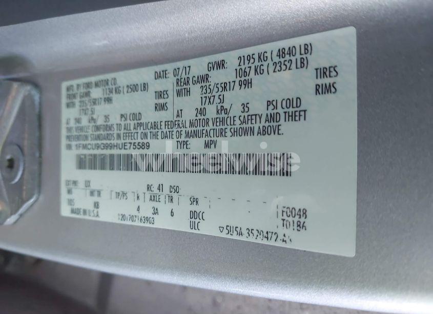 Photo 9 of 2017 Ford Escape SE (VIN 1FMCU9G99HUE75589)