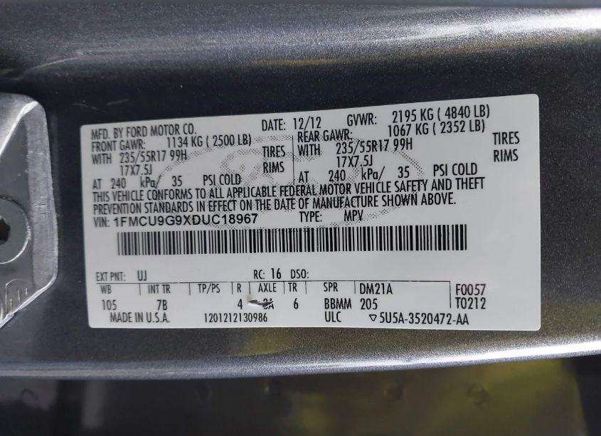 Photo 9 of 2013 Ford Escape SE (VIN 1FMCU9G9XDUC18967)