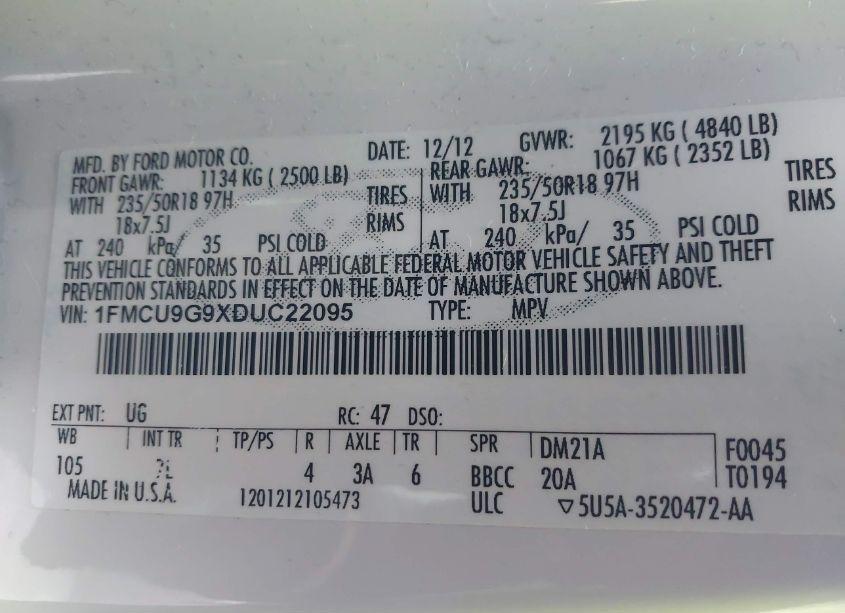 Photo 9 of 2013 Ford Escape SE (VIN 1FMCU9G9XDUC22095)