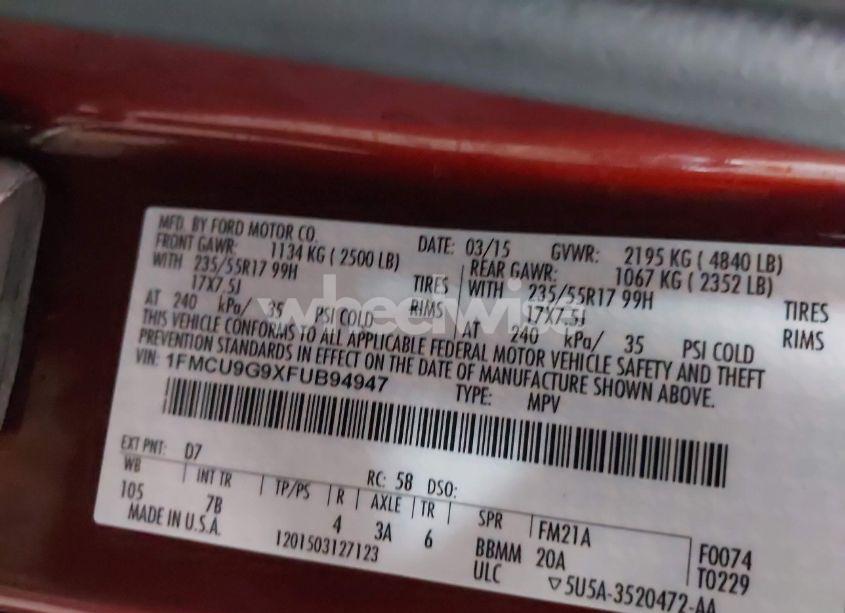 Photo 9 of 2015 Ford Escape SE (VIN 1FMCU9G9XFUB94947)