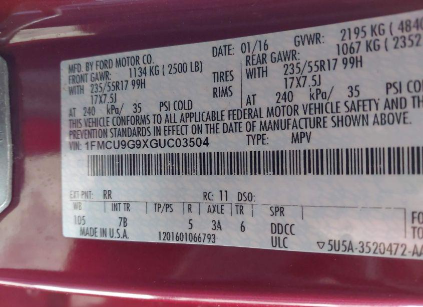 Photo 9 of 2016 Ford Escape SE (VIN 1FMCU9G9XGUC03504)