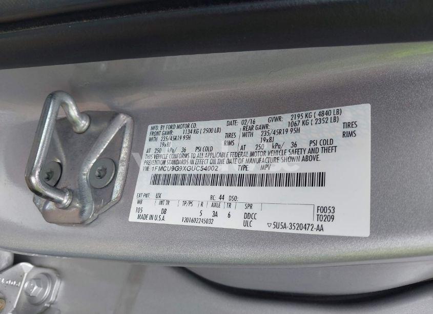 Photo 9 of 2016 Ford Escape SE (VIN 1FMCU9G9XGUC54002)