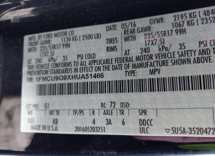 Photo 9 of 2017 Ford Escape SE (VIN 1FMCU9G9XHUA51466)