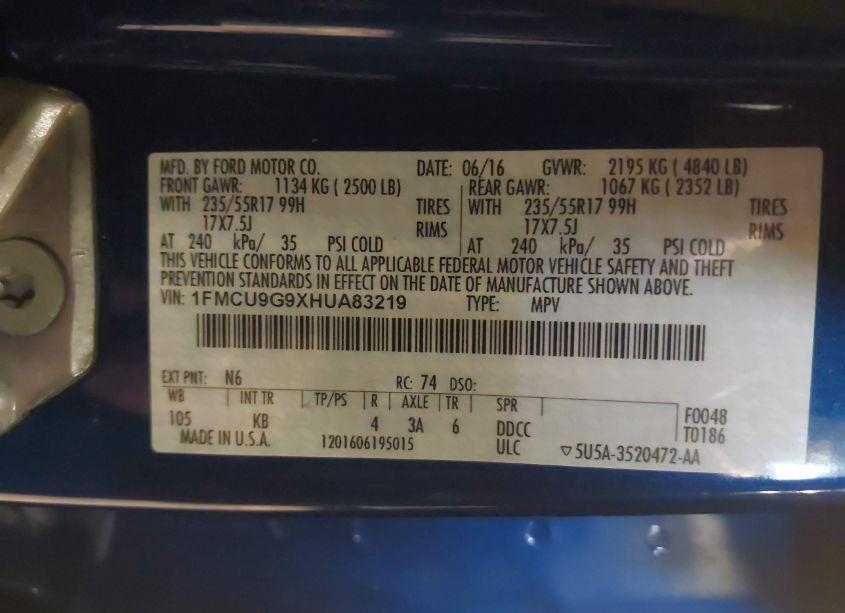 Photo 9 of 2017 Ford Escape SE (VIN 1FMCU9G9XHUA83219)