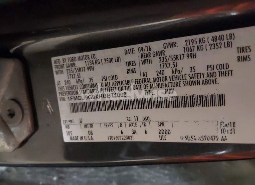 Photo 9 of 2017 Ford Escape SE (VIN 1FMCU9G9XHUB71008)