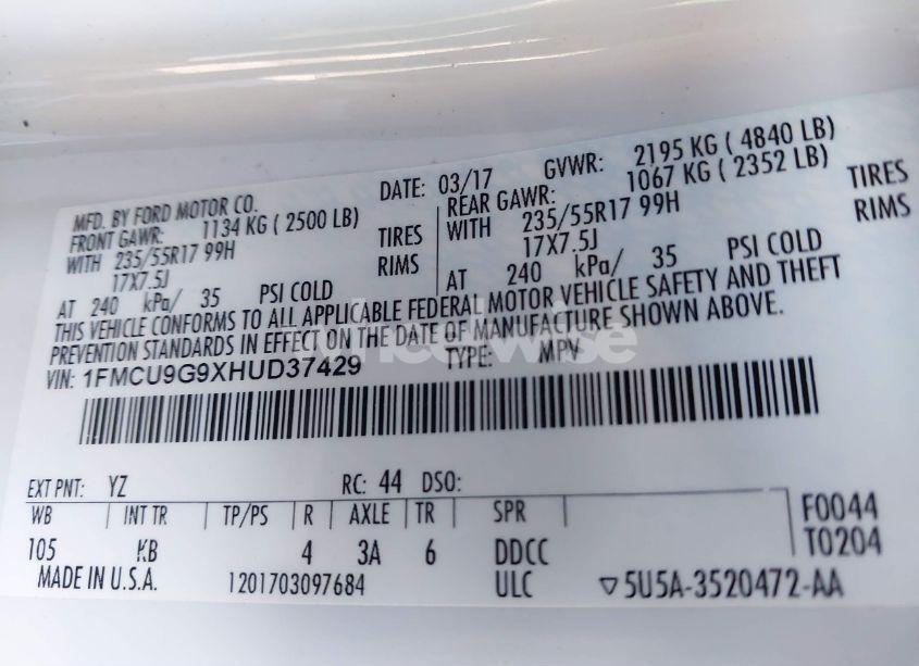 Photo 9 of 2017 Ford Escape SE (VIN 1FMCU9G9XHUD37429)