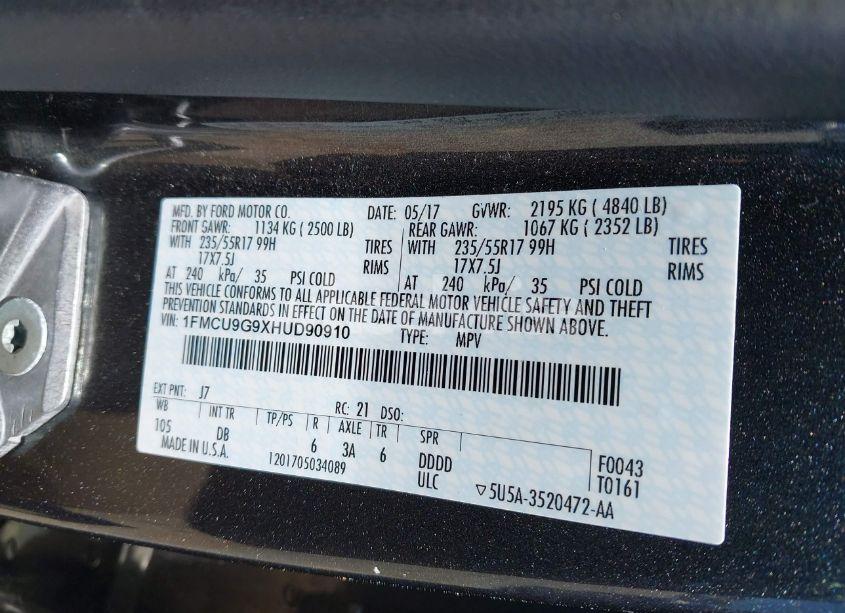 Photo 9 of 2017 Ford Escape SE (VIN 1FMCU9G9XHUD90910)