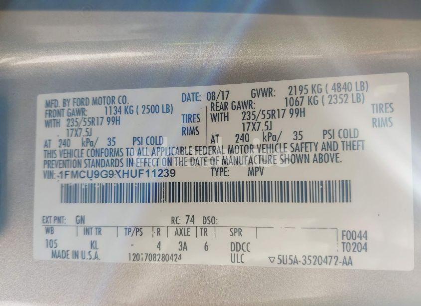 Photo 9 of 2017 Ford Escape SE (VIN 1FMCU9G9XHUF11239)