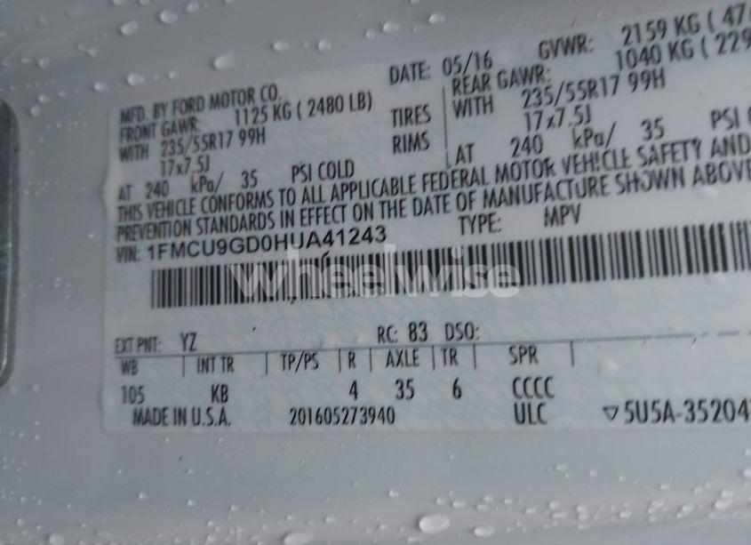 Photo 9 of 2017 Ford Escape SE (VIN 1FMCU9GD0HUA41243)