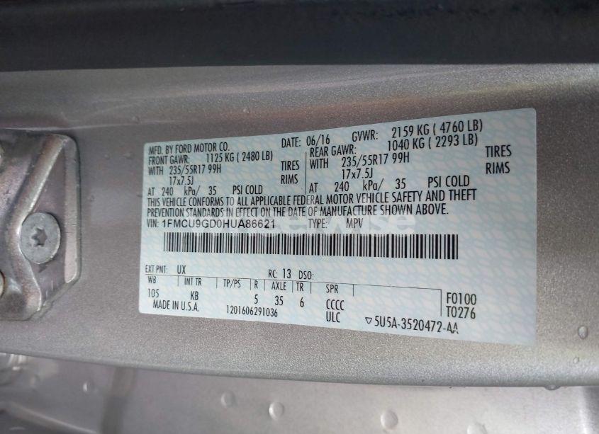 Photo 9 of 2017 Ford Escape SE (VIN 1FMCU9GD0HUA86621)