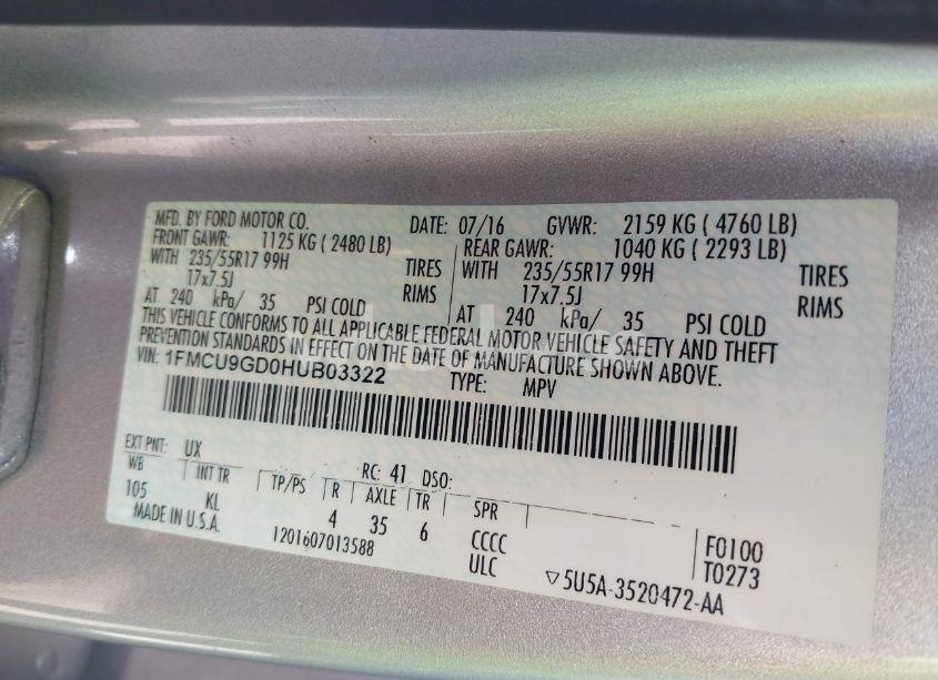 Photo 9 of 2017 Ford Escape SE (VIN 1FMCU9GD0HUB03322)