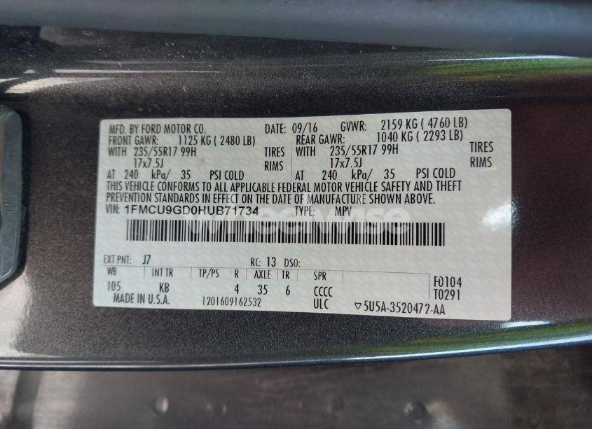 Photo 9 of 2017 Ford Escape SE (VIN 1FMCU9GD0HUB71734)